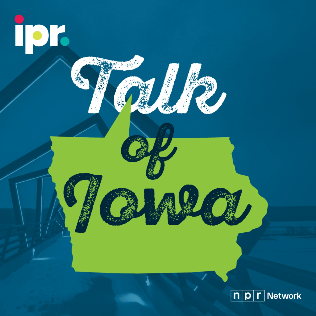 A green outline of Iowa as a conversation bubble with the words IPR Talk of Iowa